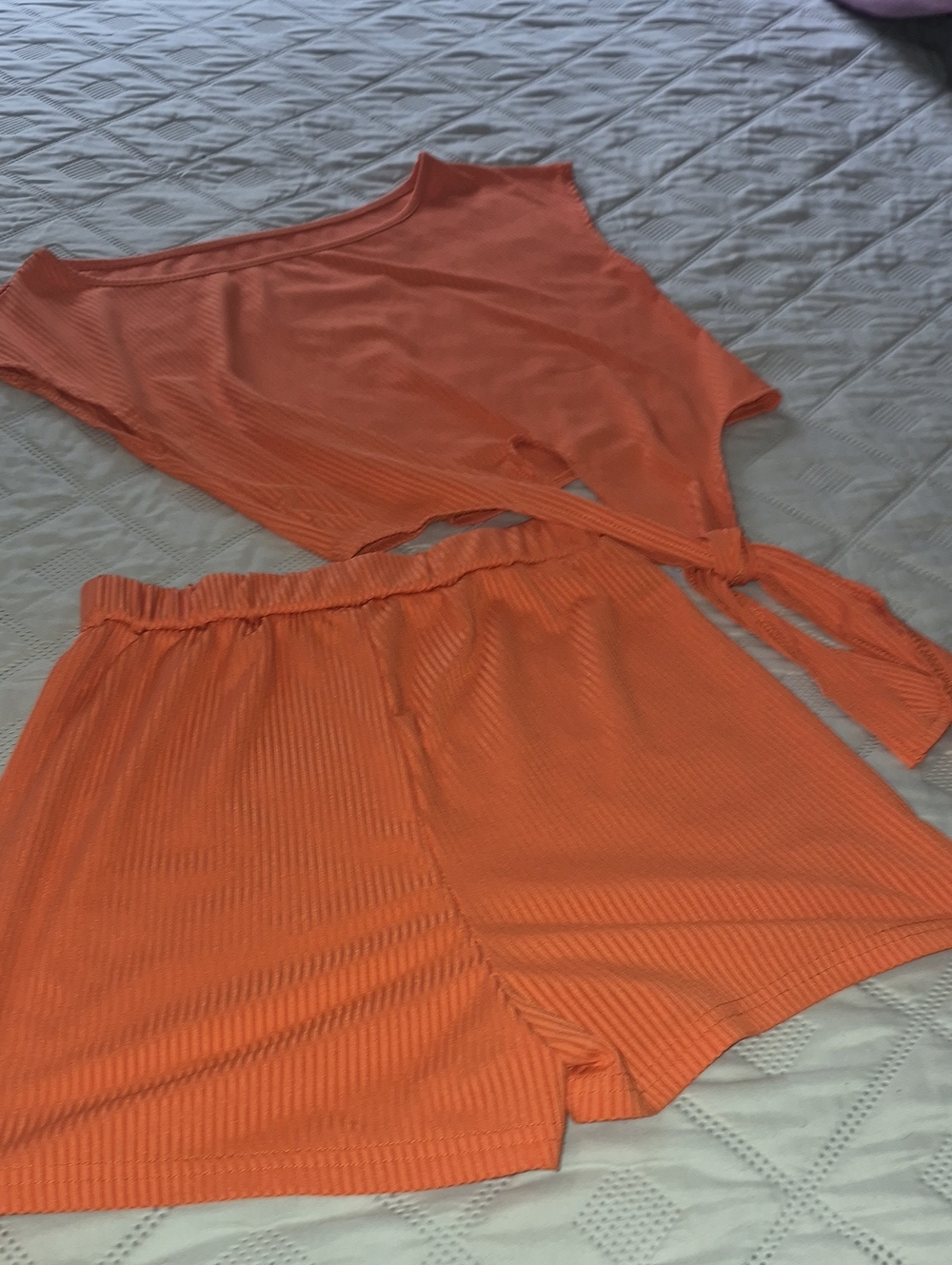 Ribbed Two-Piece Tie-Front Top & Shorts Set - Bright Orange